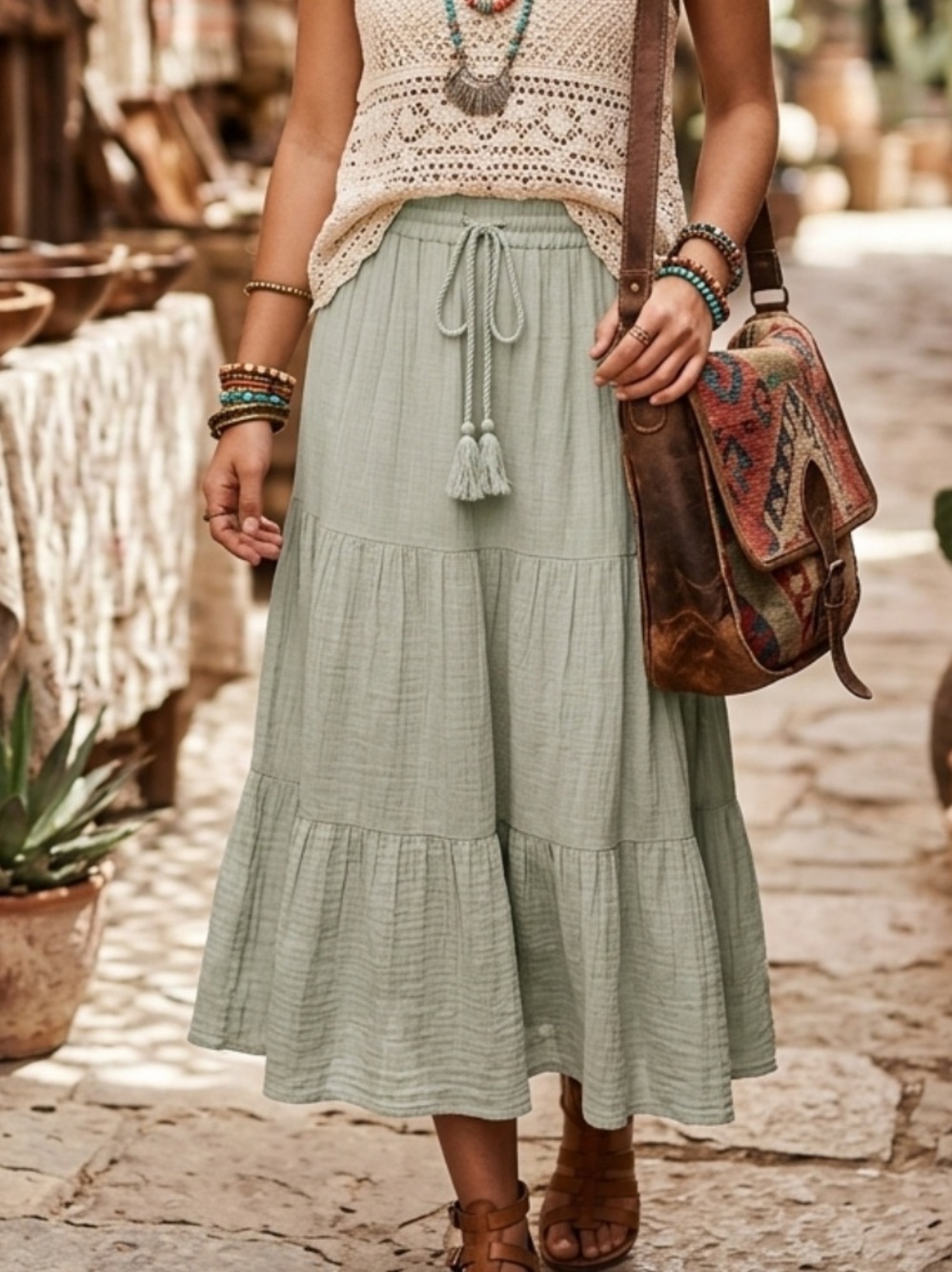 Wonderly Pale Green Tiered Maxi Skirt with Drawstring Size Large